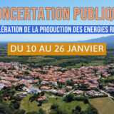 Photo aérienne de Tresserre avec le texte "Concertation public ZAER à Tresserre du 10 au 26 janvier 2026"
