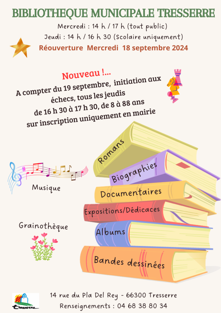 Affiche expliquant les horaires de la bibliothèque de Tresserre et l'initiation auxs échecs